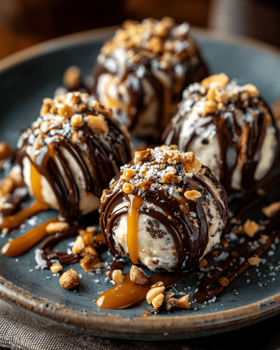 Chocolate Peanut Butter Snowballs with Caramel Drizzle