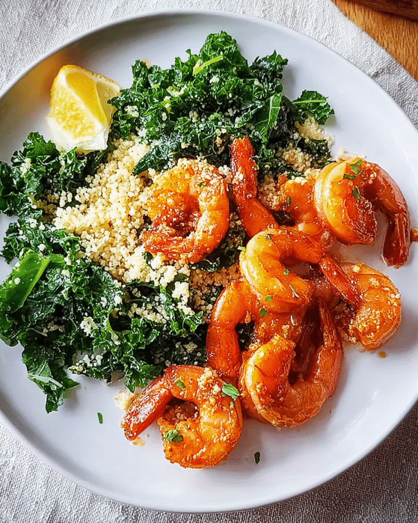 BBQ Shrimp Feast: Garlicky Kale & Parmesan Couscous Magic