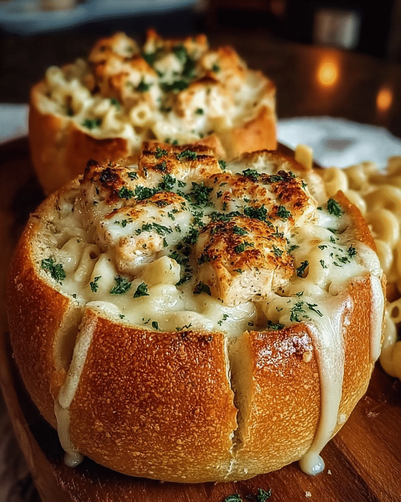 Chicken Alfredo Garlic Bread Bowls: Creamy Comfort Feast!