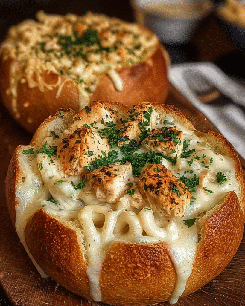 Chicken Alfredo Garlic Bread Bowls: Creamy Comfort Feast!