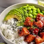 Delicious Asian Teriyaki Salmon Sushi Bowl with fresh ingredients and vibrant colors.