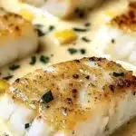 Baked cod fillet served in creamy coconut lemon sauce on a plate