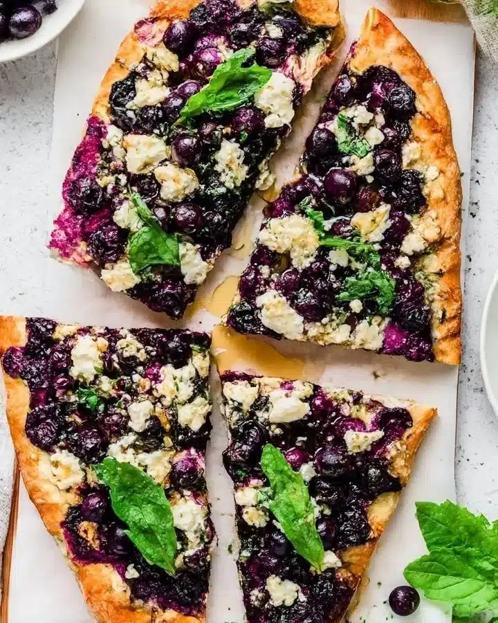 Delicious Blueberry Feta Flatbread drizzled with hot honey