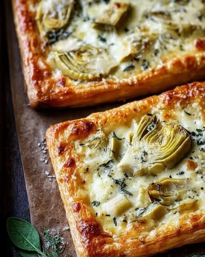 Cheesy puff pastry filled with artichokes and herbs