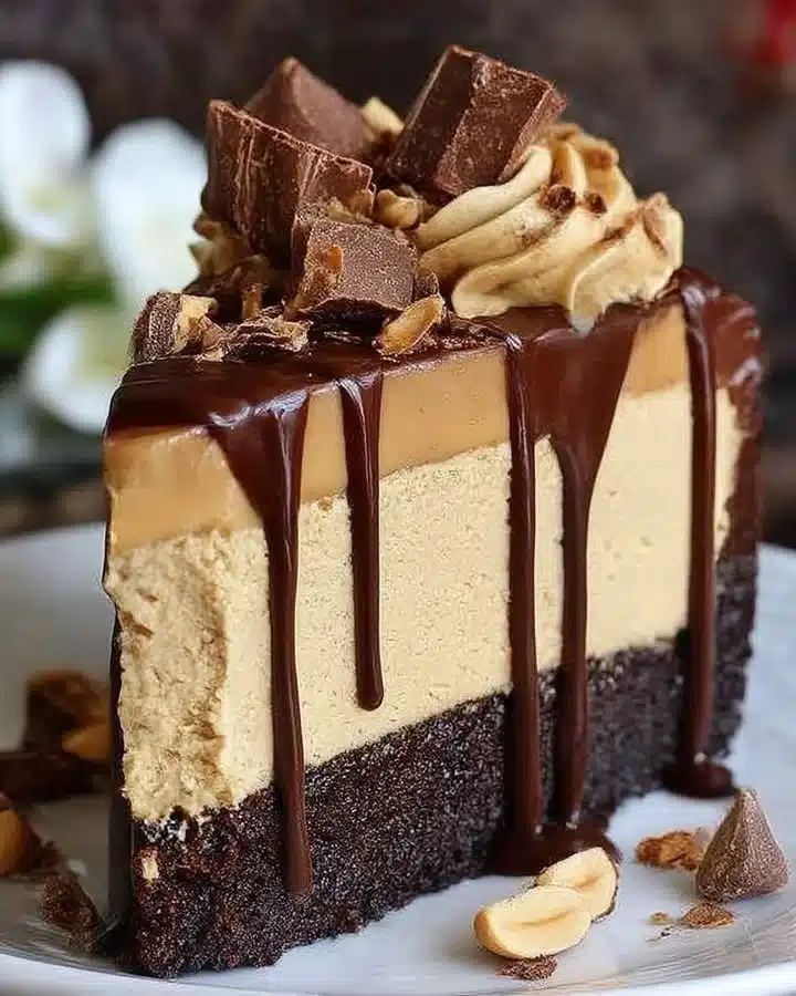 Delicious Chocolate Peanut Butter Mousse Cake garnished with chocolate shavings.