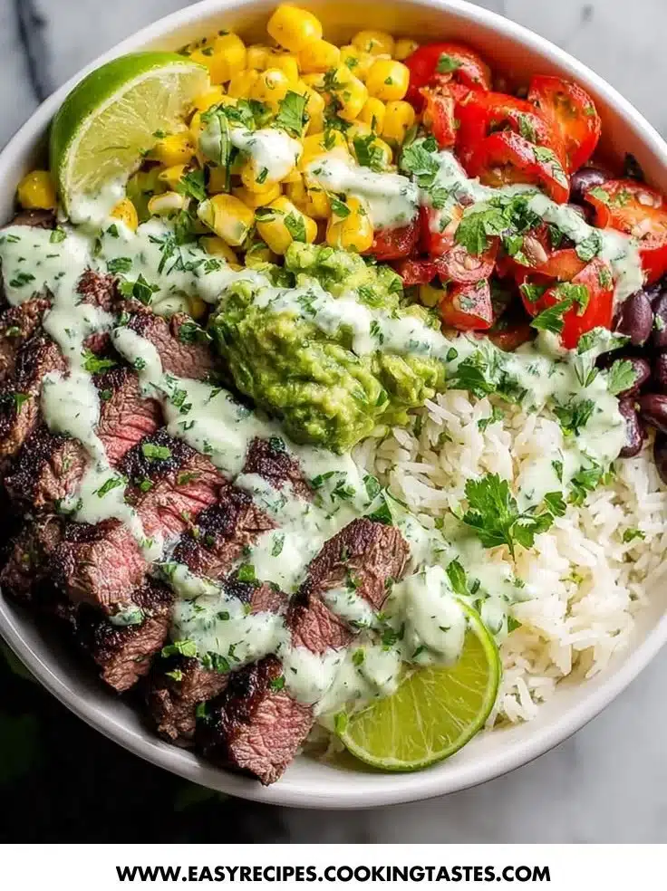 Cilantro lime steak bowl with fresh ingredients and seasoned steak