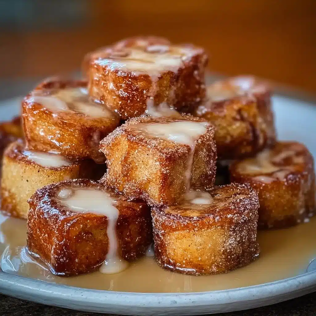 Cinnamon Roll French Toast Bites served on a plate with syrup.