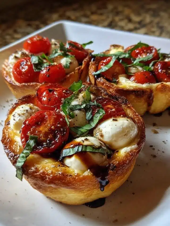Cottage Cheese Caprese Pizza Cups topped with fresh basil and tomatoes