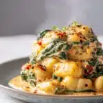 Creamy Tuscan gnocchi served with melting mozzarella pearls in a bowl