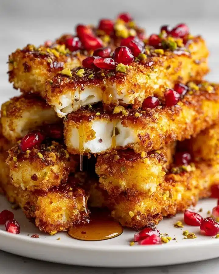 Crispy halloumi fries topped with pomegranate drizzle on a plate