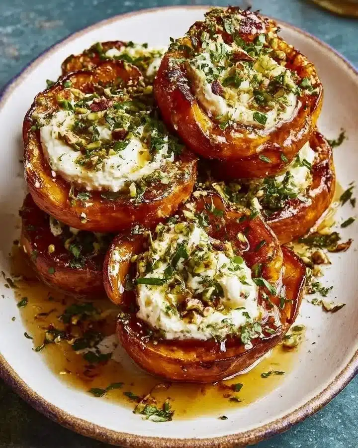 Crispy smashed sweet potatoes with whipped feta and hot honey topping
