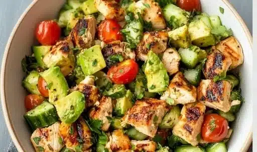 Fresh avocado chicken salad served in a bowl with colorful vegetables