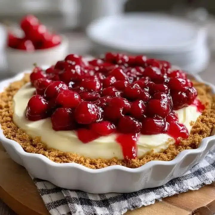 Easiest no-bake cherry cheesecake topped with fresh cherries
