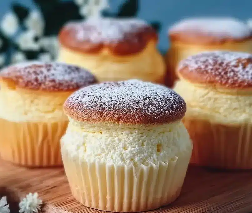 Fluffy Japanese cotton cheesecake cupcakes topped with cream and berries