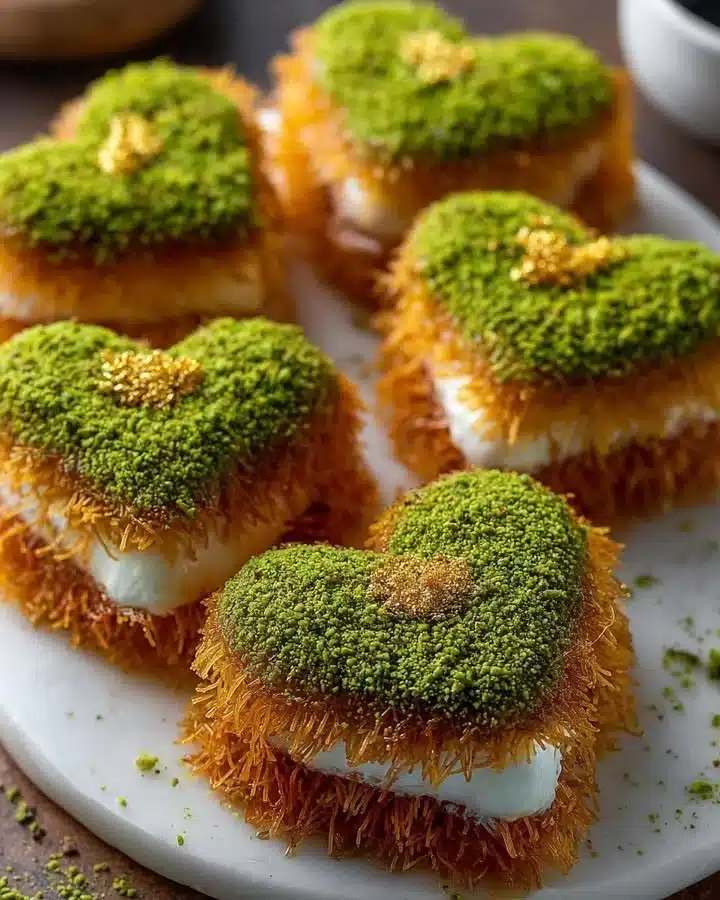 Gold-dusted pistachio kunafa hearts on a decorative plate
