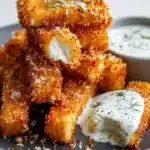 Deliciously crispy feta fries served with a creamy dill dip