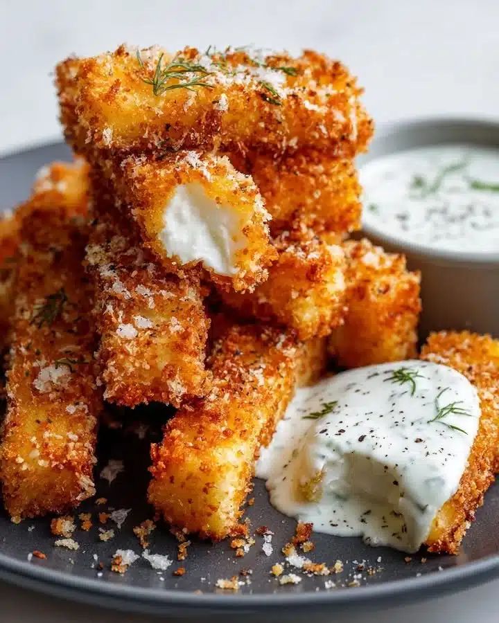 Deliciously crispy feta fries served with a creamy dill dip