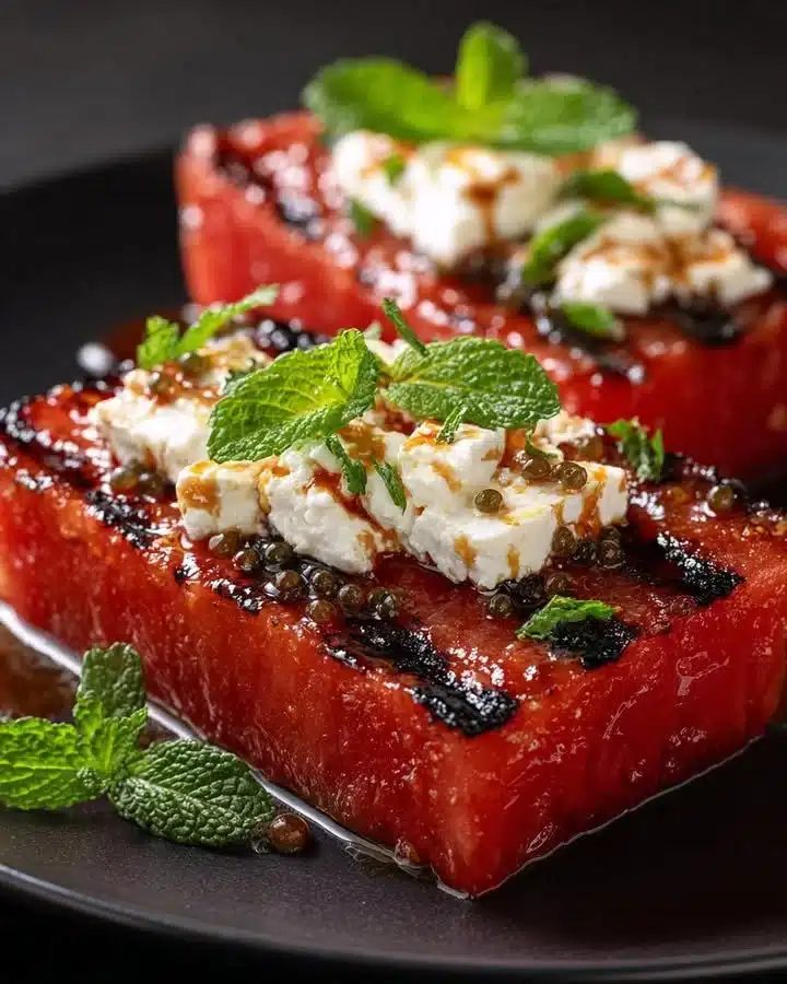 Grilled watermelon steak with warm goat cheese and balsamic pearls