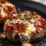 Juicy pizza stuffed portobello mushrooms topped with cheese and pepperoni