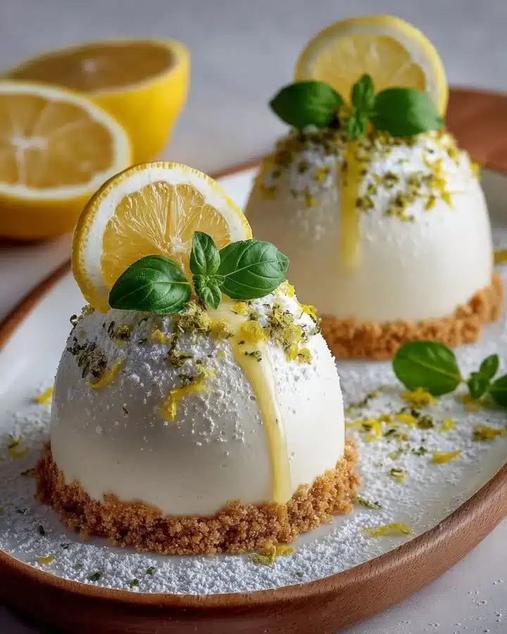 Delicious Lemon Basil Mascarpone Mousse Domes served elegantly on a plate.