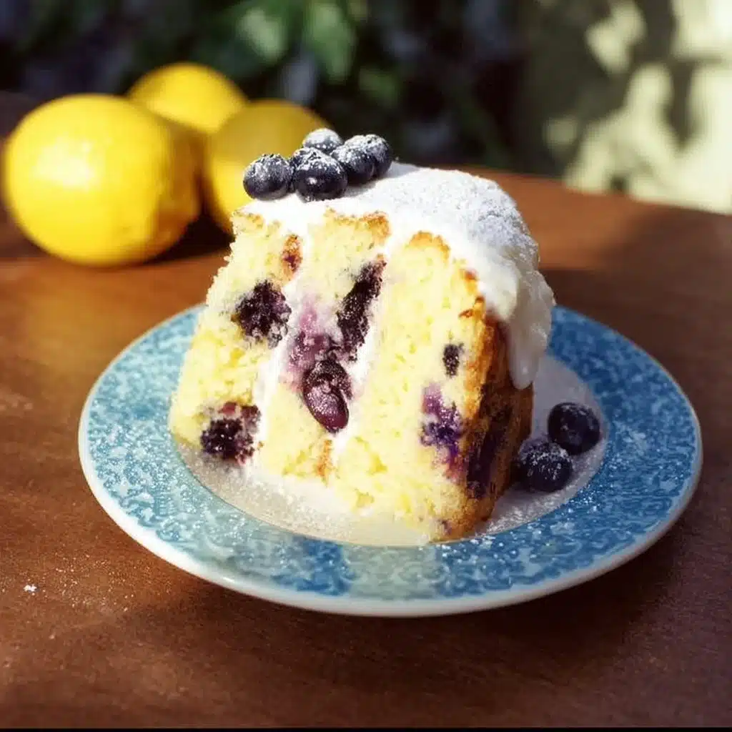Homemade lemon blueberry cake topped with fresh blueberries and a lemon glaze