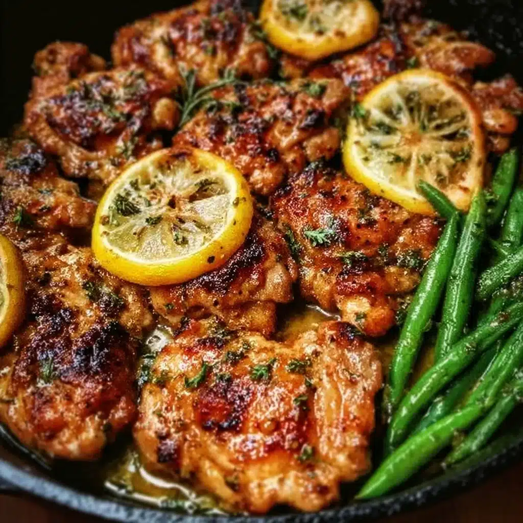 Delicious Lemon Garlic Butter Chicken Thighs served on a plate with herbs and lemon slices.