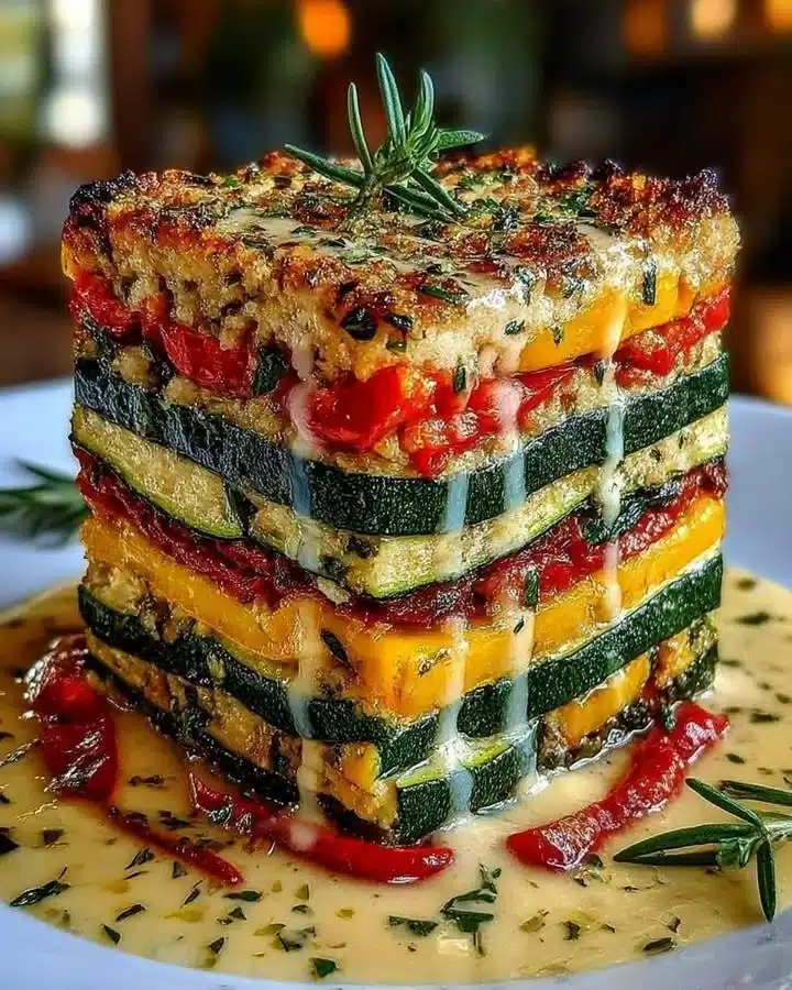 Mediterranean roasted vegetable lasagna with colorful veggies and cheese layers