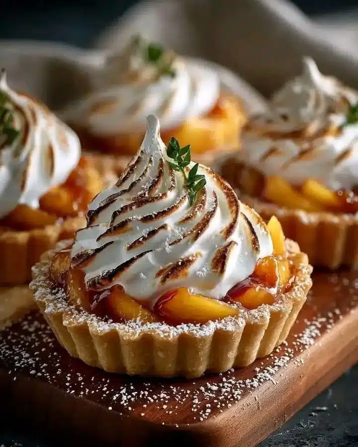 Delicious Peach Bourbon Caramel Meringue Tarts topped with golden meringue.