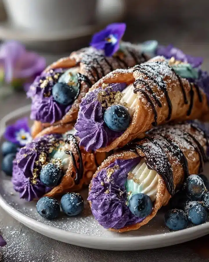 Purple sweet potato and coconut velvet cannolis topped with coconut flakes