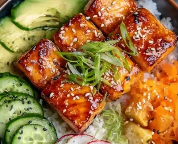 Fresh salmon bowl with vibrant vegetables and grains