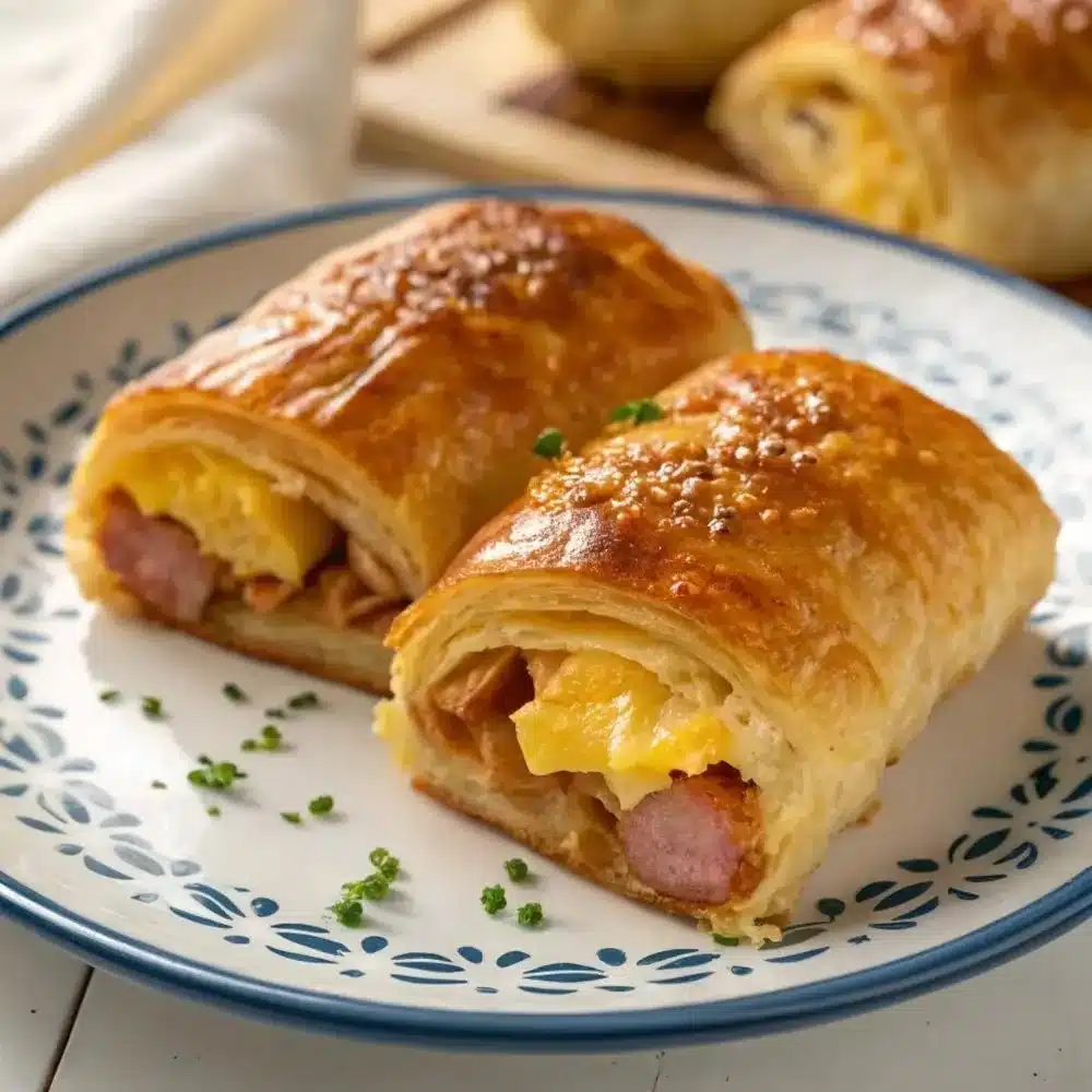 Delicious homemade sausage egg breakfast roll-ups on a plate.