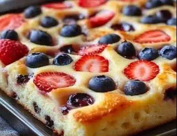 Fluffy sheet pan pancakes served with fresh toppings on a white plate.