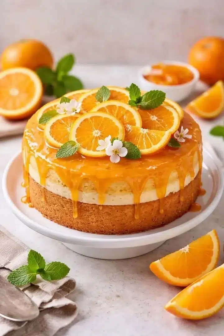 Delicious soft and fluffy orange cake garnished with orange slices