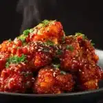 Sticky Harissa Honey Cauliflower wings garnished with herbs on a plate.