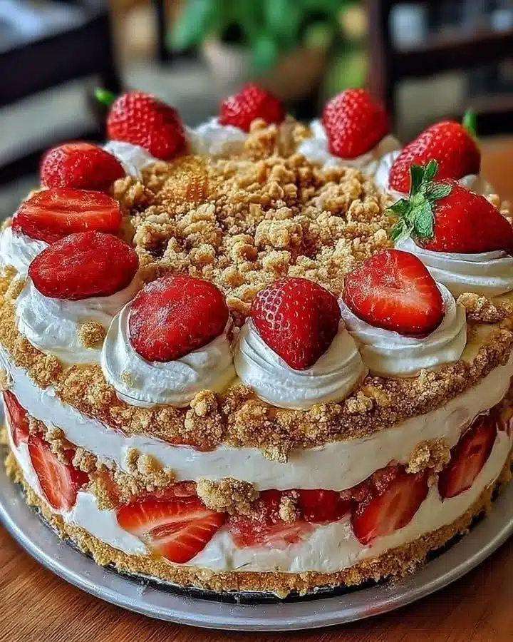 Delicious strawberry crumble cake topped with golden crumble