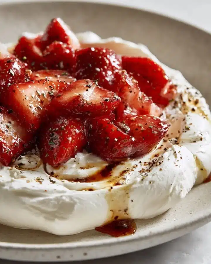 Sun-kissed whipped feta with balsamic strawberries on a white plate