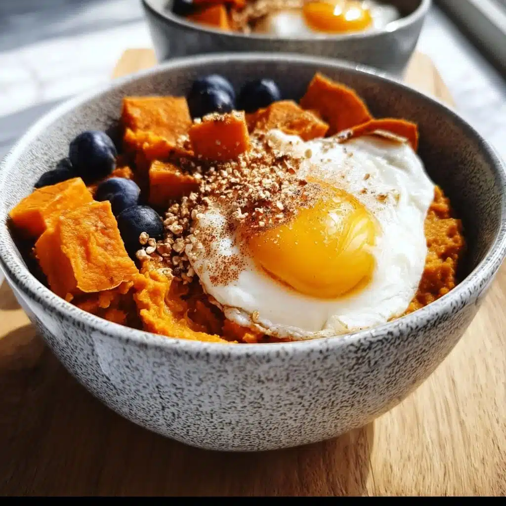 Healthy Sweet Potato Breakfast Bowl topped with fruits and nuts