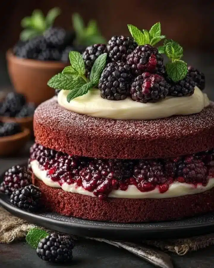 Delicious blackberry velvet cake with rich frosting and fresh blackberries