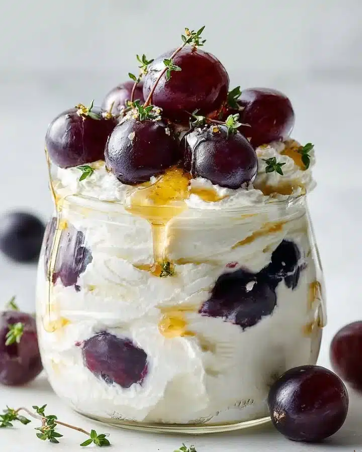 Whipped ricotta cloud dessert with roasted grape topping