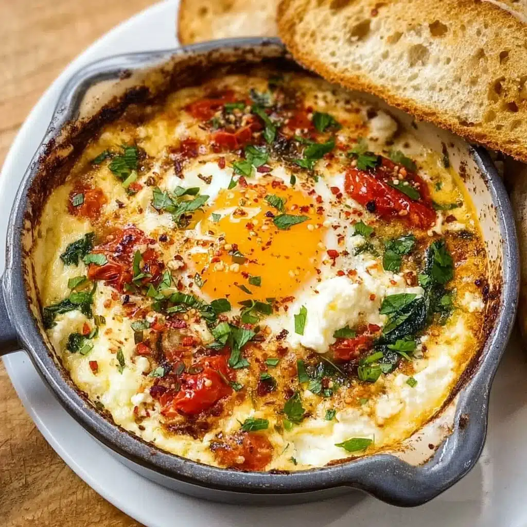 Baked feta eggs in a vibrant dish garnished with herbs