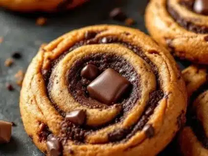 Delicious chocolate chip brownie swirl cookies on a cooling rack