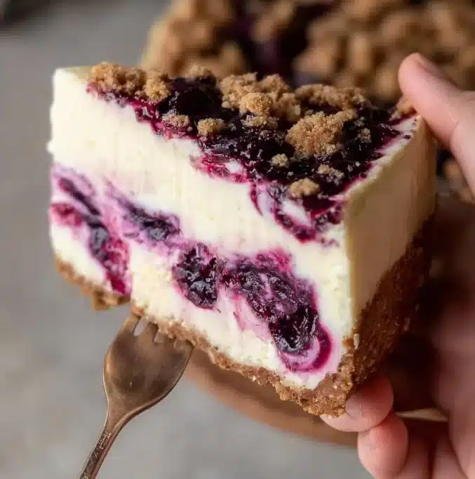 Delicious blueberry cheesecake topped with fresh blueberries