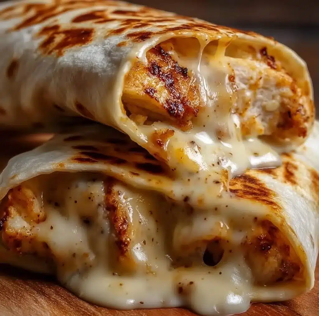 Delicious cheesy garlic chicken wraps served with fresh ingredients