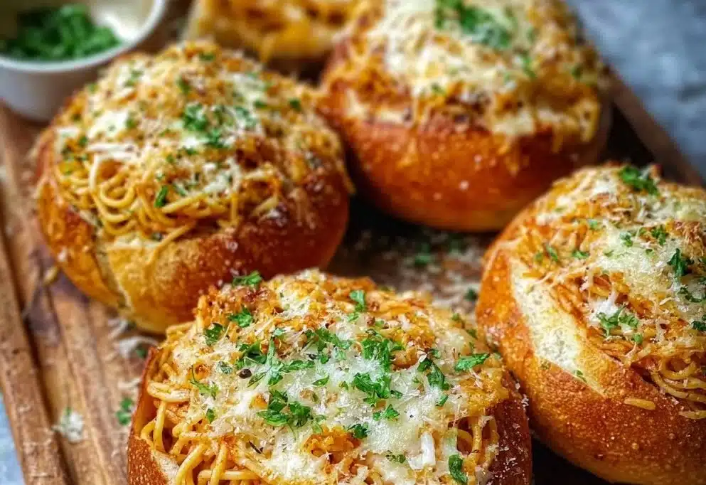 Cheesy spaghetti in garlic bread bowls, perfect for a quick dinner