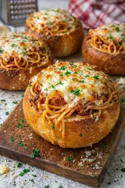 Cheesy Spaghetti in Garlic Bread Bowls | Fast Dinner Idea