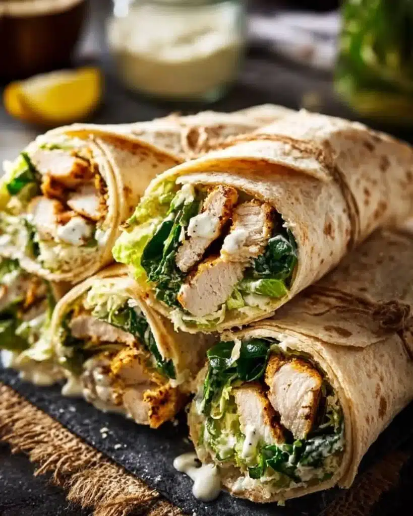 Chicken Caesar Wraps filled with chicken, greens, and Caesar dressing