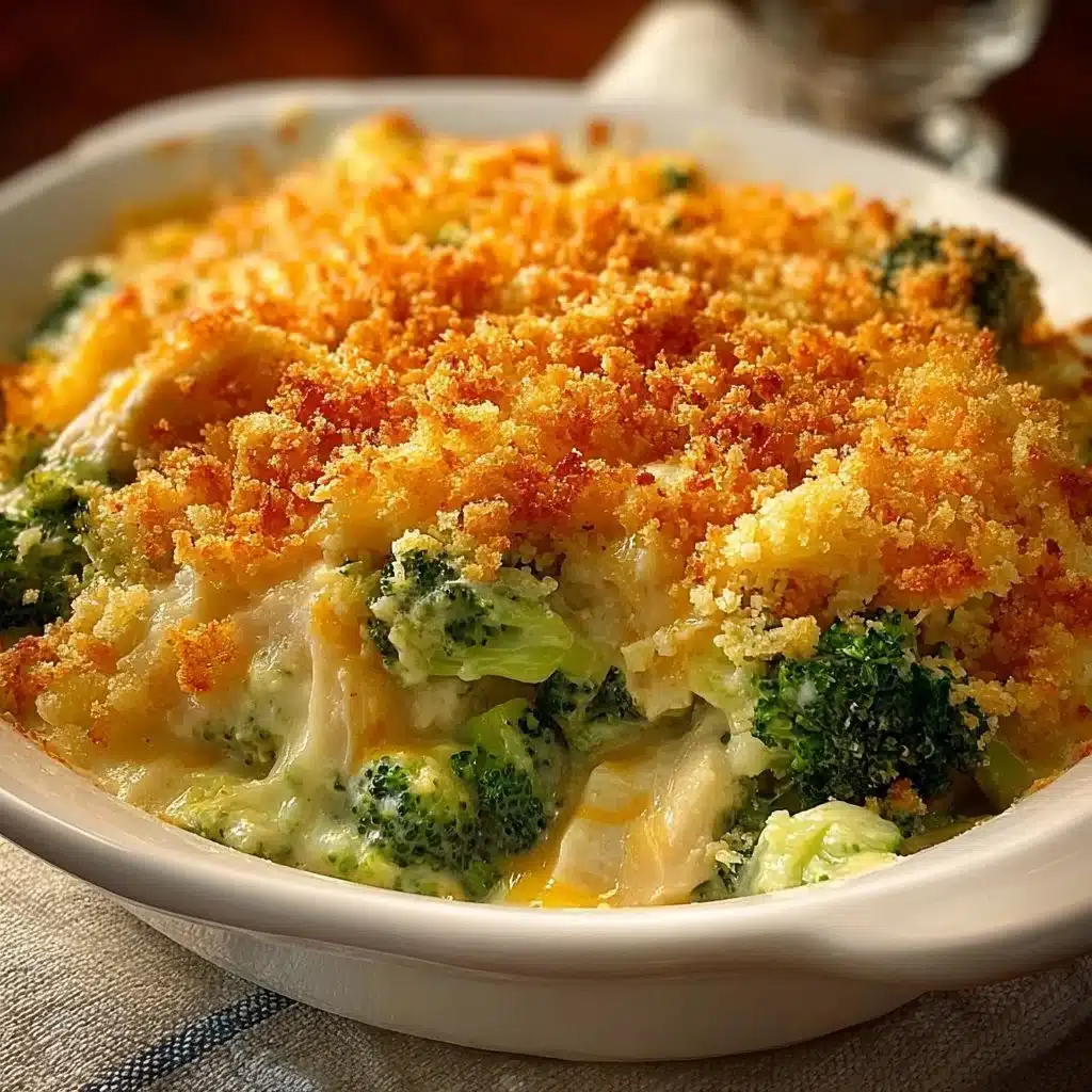 Delicious Chicken Divan broccoli casserole served in a baking dish