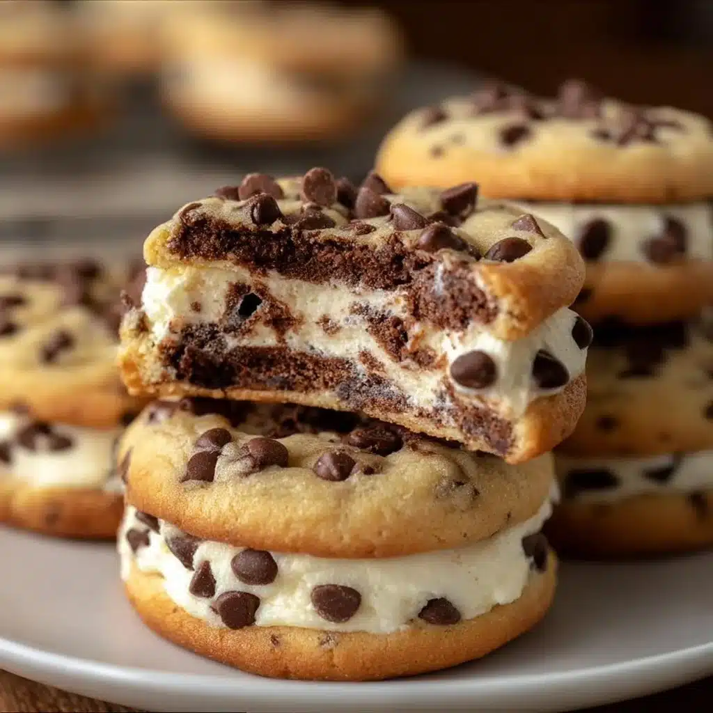 Delicious chocolate chip cheesecake cookies stacked on a white plate.