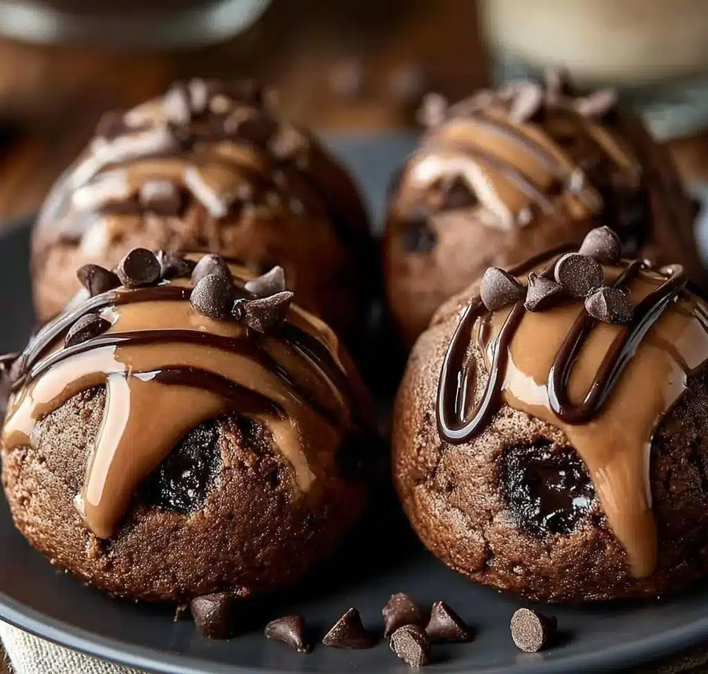 Chocolate Chip Cookie Dough Brownie Bombs with chocolate drizzle on a plate