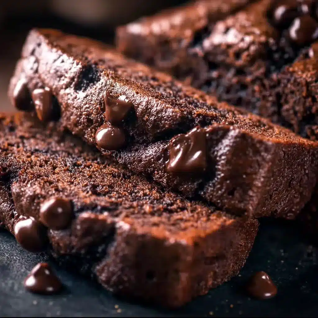 Loaf of Chocolate Espresso Banana Bread with chocolate chunks and banana slices